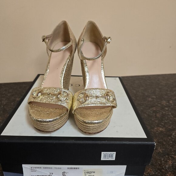 Gucci  Galassia Horsebit Platform Espadrille Wedge Sandals 39 Platin - Picture 1 of 8